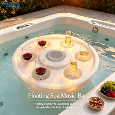 Floating Spa Music Bar with Bluetooth Speaker RGB LED Light 6 Cup Holders Waterproof Floating Drink Tray for Pool Hot Tub Party
